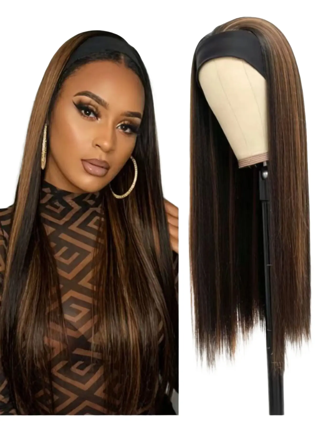 Women Hl Color Medium Long Straight Hair Headband Wigs, Natural Looking Wig, Soft Heat Resistant Synthetic Fiber, Comfortable Fit, Suitable for Daily Wear & Parties, Party Wig, Synthetic Material Wigs