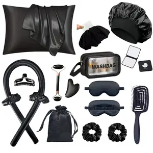 Women's Silk Satin Sleep Night Skincare Set, Multi-Color Options, Includes Pillowcase, Cap, Eye Mask, Facial Roller, Hair Bands, Heatless Curling Iron, Sleeping Eye Mask
