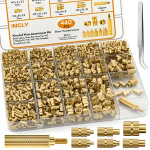 INCLY 440PCS Threaded Inserts Set with Soldering Tip & Adapter, M2 M2.5 M3 M4 M5 M6 Female Thread Metric Knurled Nuts Assortment Kit，Brass Hardware Nuts for Plastic and 3D Printing Component