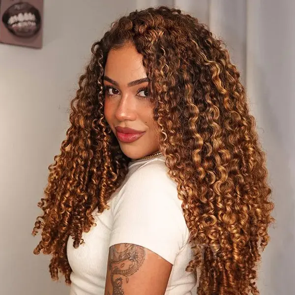 OhMyPretty Burmese Curly Flip Over Half Wig, 200% Density Highlight 4/27 Virgin Human Hair, Glueless Wear and Go with Drawstring, Wigs, Curly Half Wig