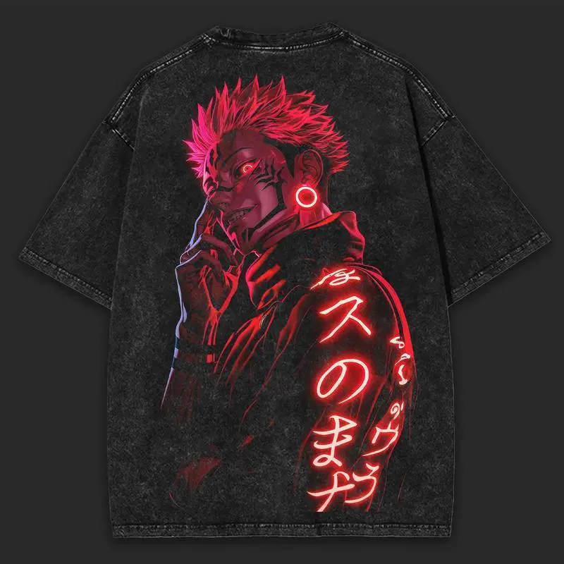 Men's Oversized Washed Heavy Cotton Streetwear Tee - Round Neck, Jujutsu Kaisen Ryomen Sukuna Neon Red Graphic Print for Anime Collectors