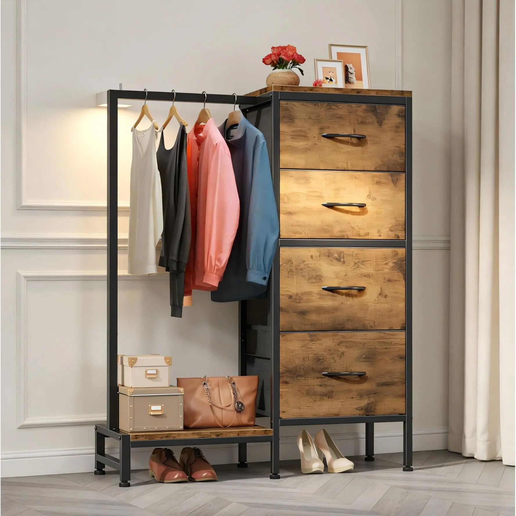 Garvee 4 Drawer Dresser with Hanging Rack & Open Shelf, 2-in-1 Fabric Drawer Small Closet for Bedroom Living Room Hallway, Retro Brown