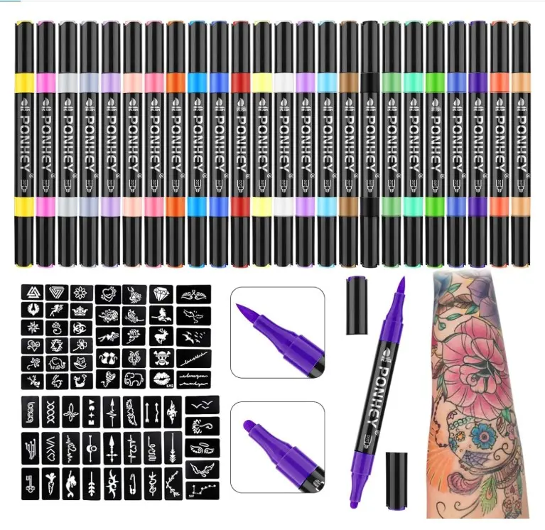 Ponhey Temporary Tattoo Markers for Skin, 24 Body Markers+67 Large Tattoo Stencils,Dual-End Tattoo Pens,Fine Lines with Cosmetic-Grade,Flexible, Skin-Safe Face Paint Kit for Teenage Adults