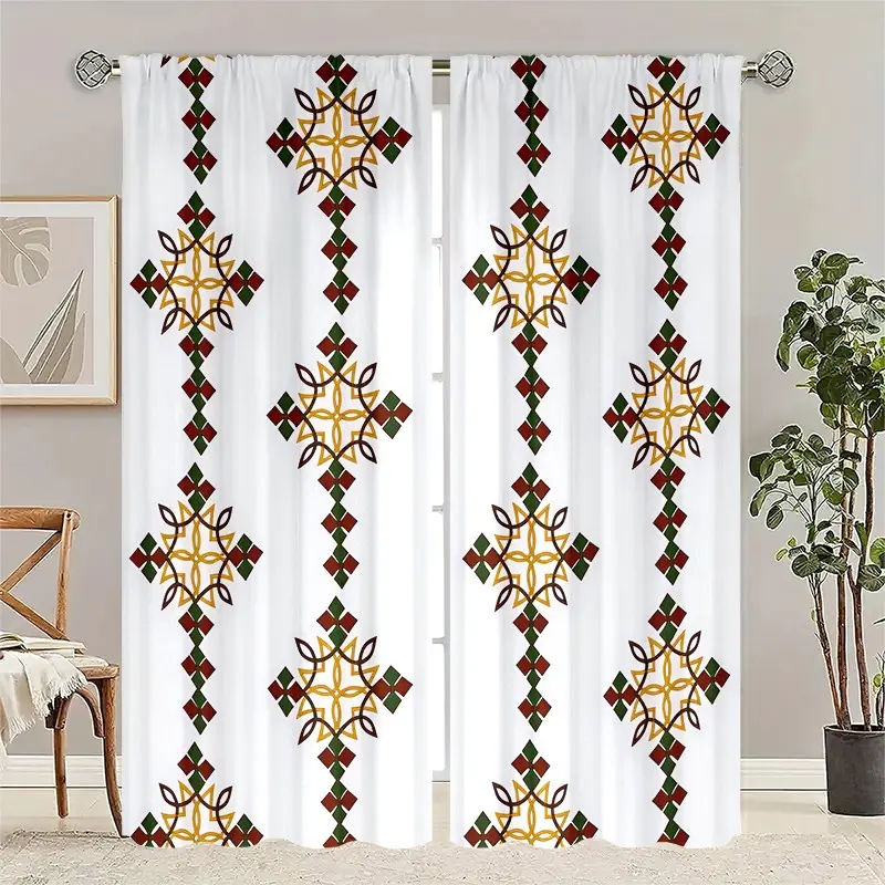 2-piece Bohemian geometric printed filter curtain set, Home decorative curtain, pole bag hanging, suitable for living room, bedroom, home decoration, machine wash cold, low-temp drying, non bleaching, hook free