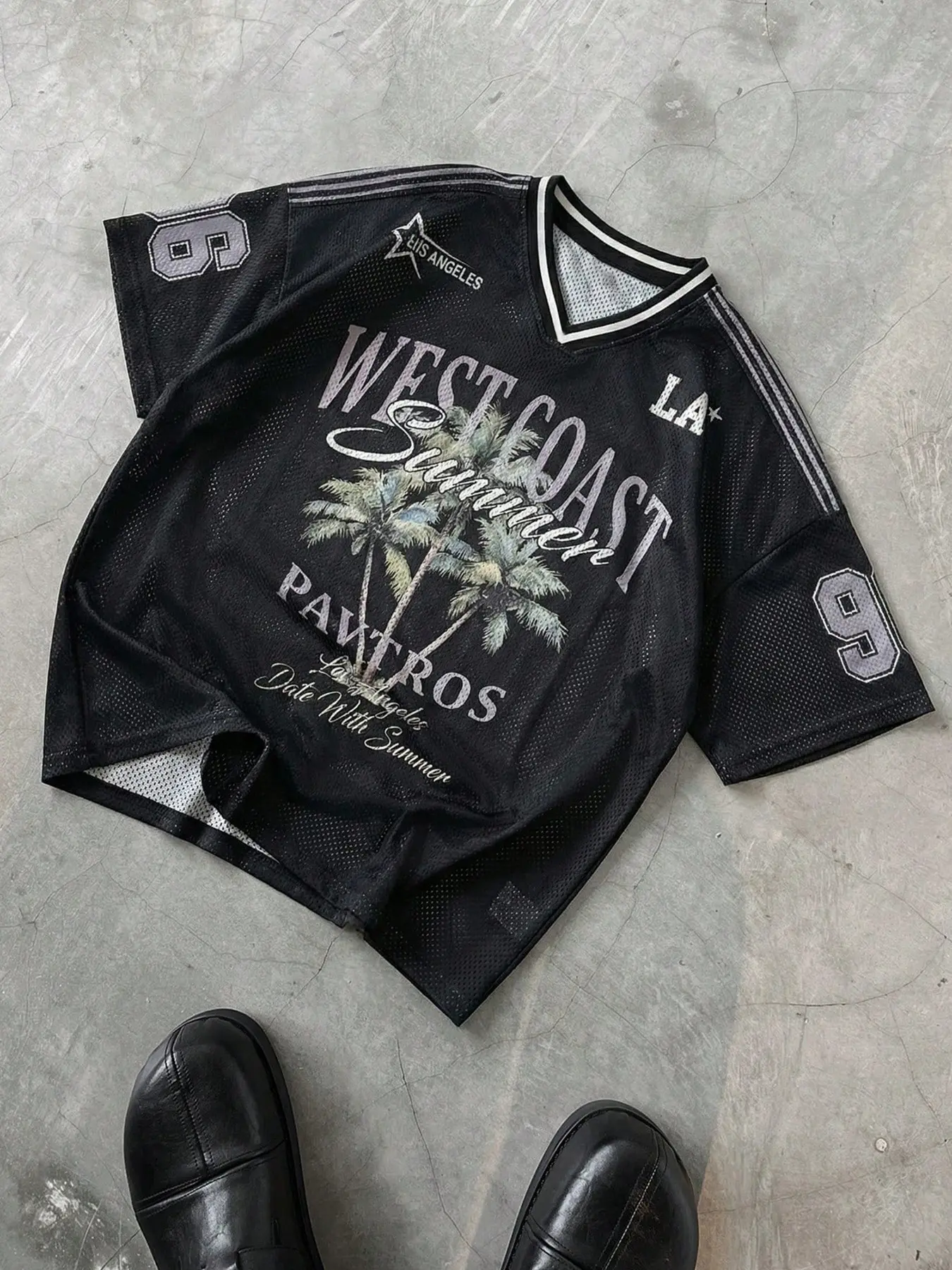 Y2K West Coast Palm Tree Mesh Jersey | Oversized Breathable Streetwear Tee | Retro LA Basketball Style Shirt for Summer Festival & Daily
