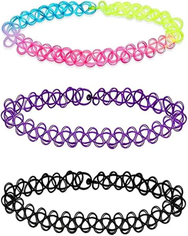 3PCS Black Tattoo Choker Necklace Rainbow Tattoo Chokers Necklace Purple Tattoo Choker 90s Chokers Gothic Y2K 2000s Collar Adjustable Stretchy Elastic Necklace Jewelry Gift for Women
