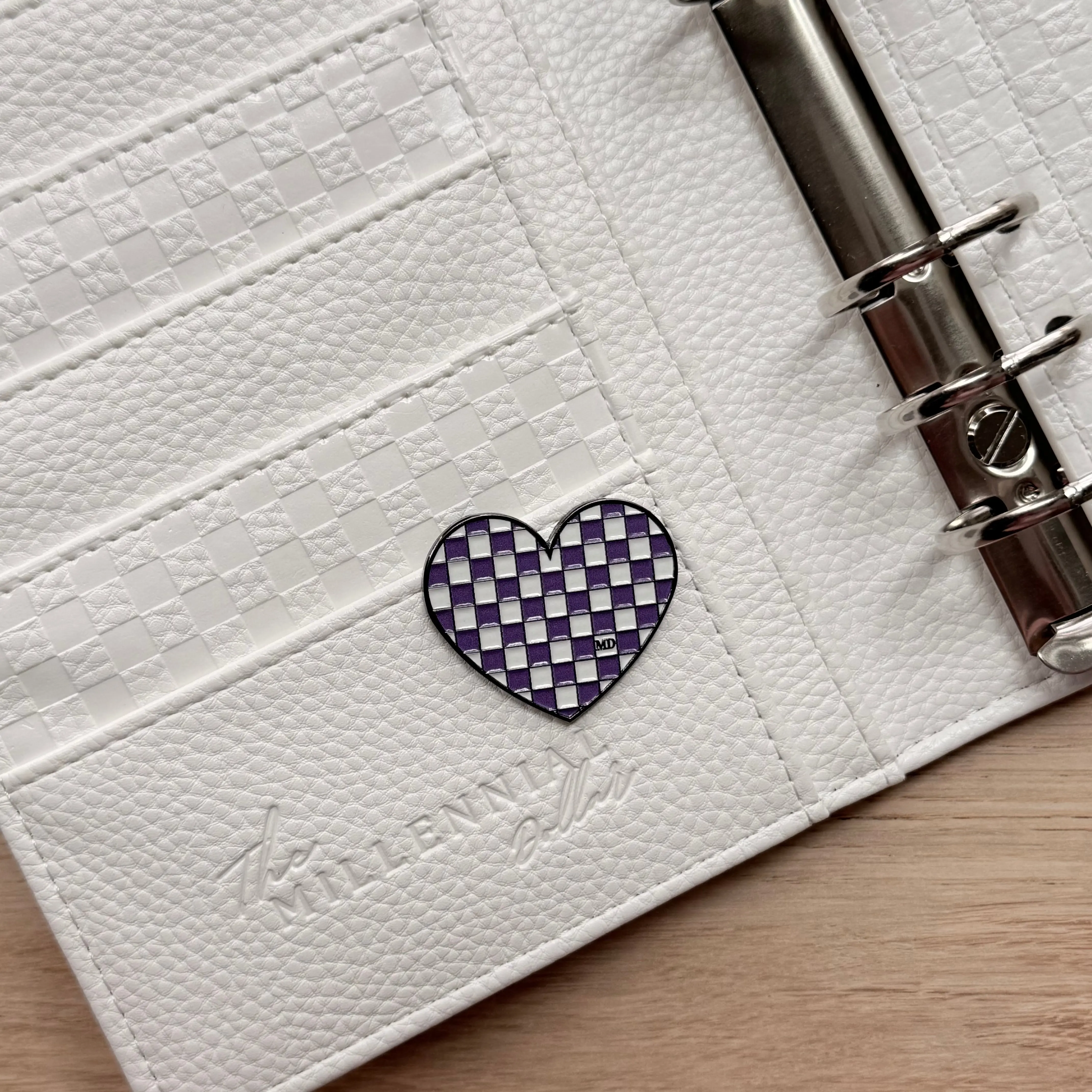 Bold Purple Haze Checkered Heart Magnetic Binder Pin, Signature Accent for Planners, 1.5” x 1.25”, 0.5 oz, Lightweight and Reusable Collar Clip Brooch