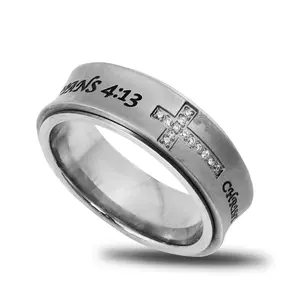 PHILIPPIANS 4:13 Spinner Ring for Women, Matte Stainless Steel with Cross