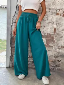 Women's Plus Size Solid Color Loose Wide Leg Pants, Casual Elastic Waist Long Trousers, Comfortable Plain Fit for Daily Wear