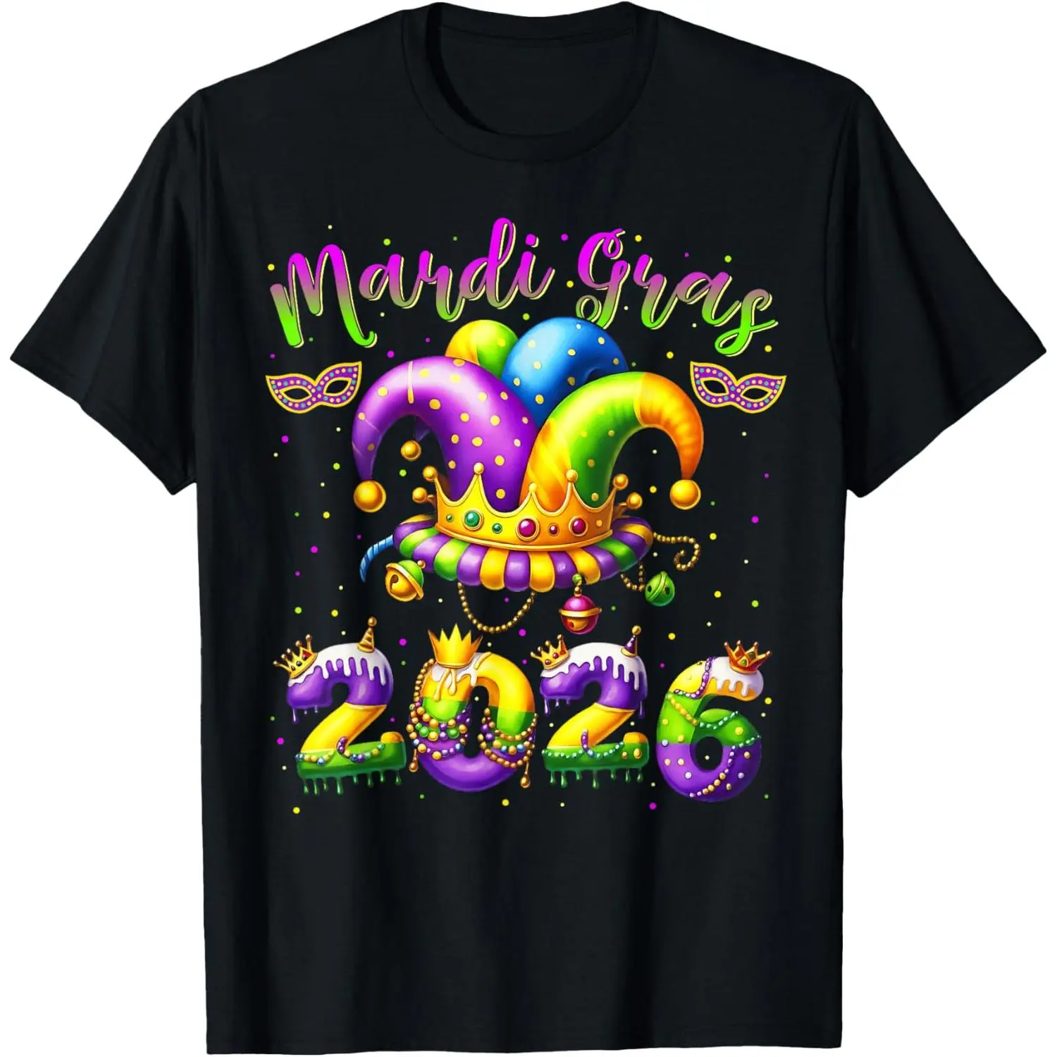 Men's Happy Mardi Gras 2026 Jester Hat Print Streetwear Short-Sleeve T-Shirt - New Orleans Casual Top for Men, Tshirt, Prints, Shortsleeve, Menswear