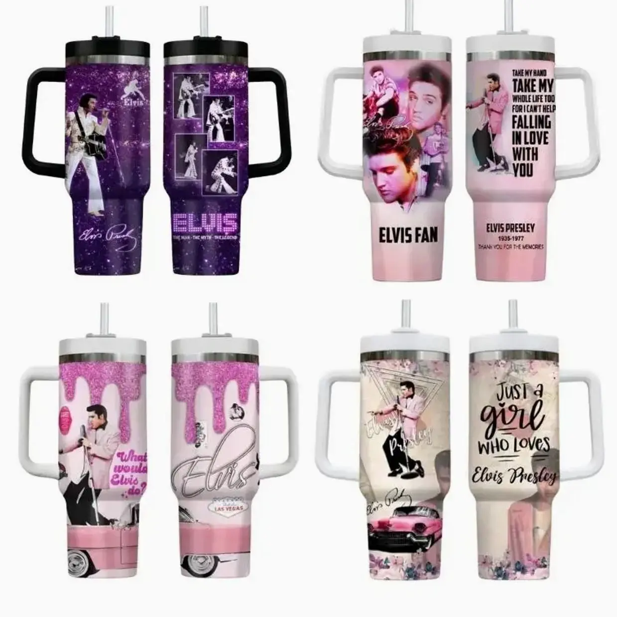 Retro Legends Elvi P Insulated Stainless Steel Tumbler - 20oz/40oz, Portable, Detachable Lid, Handle, Rock And Roll Fan Drinkware Gift