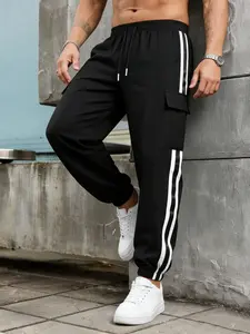 Men's Breathable Lightweight Running Pants - Cuffed, Mid-Waist with Drawstring, Stripe Print, Cargo Pockets, Loose-Fit Tapered Cuffs, Essential Sweatpants for Casual Wear & Sports, Sweatpants Outfit