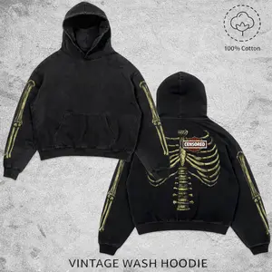 Harley "Hog" Style Motorcycle Bones Skeleton Vintage Washed Hoodie Motorcycle Rider Streetwear Chopper Style Pullover, Y2K Motorcycle Pullover Hoodie, Motobike Riders Dirt Bike Fan Gear Cotton For Motor Fan