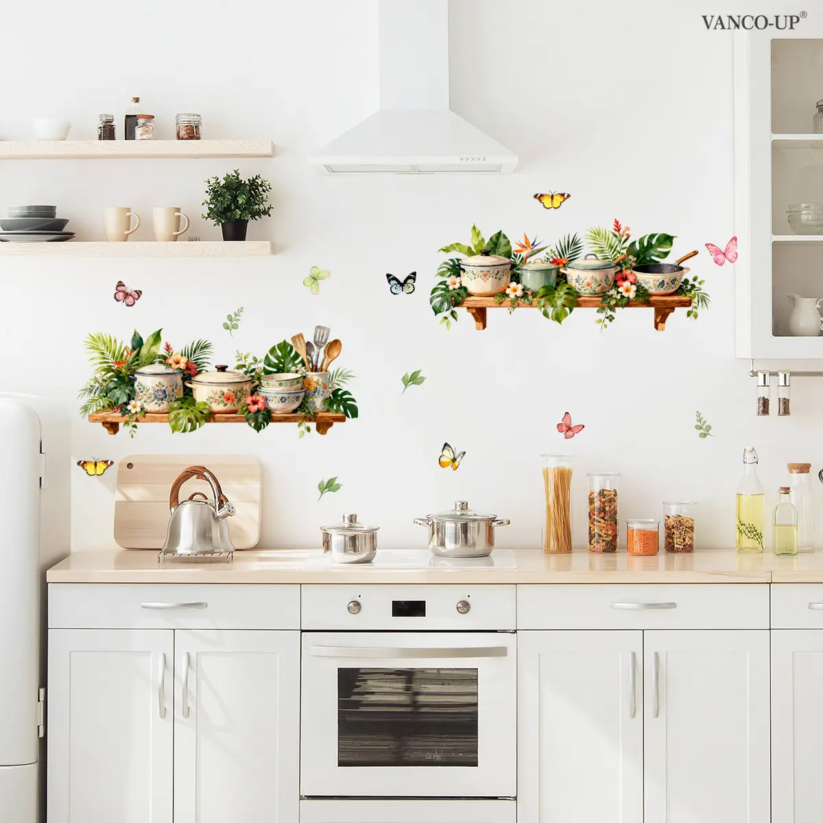 A set of two butterfly creative wall stickers with flower clusters and grass, Floral pattern sticker, 30*60cm*2pcs, wall sticker for holiday home, living room, bedroom decoration stickers, self-adhesive Art Stickers M20426-KR Wall Decal