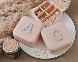 Taniri Travel Jewelry Box for Women, Personalized Pearl Initial Jewelry Case, Custom Bridesmaid Gift, Birthday Gift for Her, Wedding Gift, Compact Travel Accessories Organizer for Rings, Earrings and Necklaces