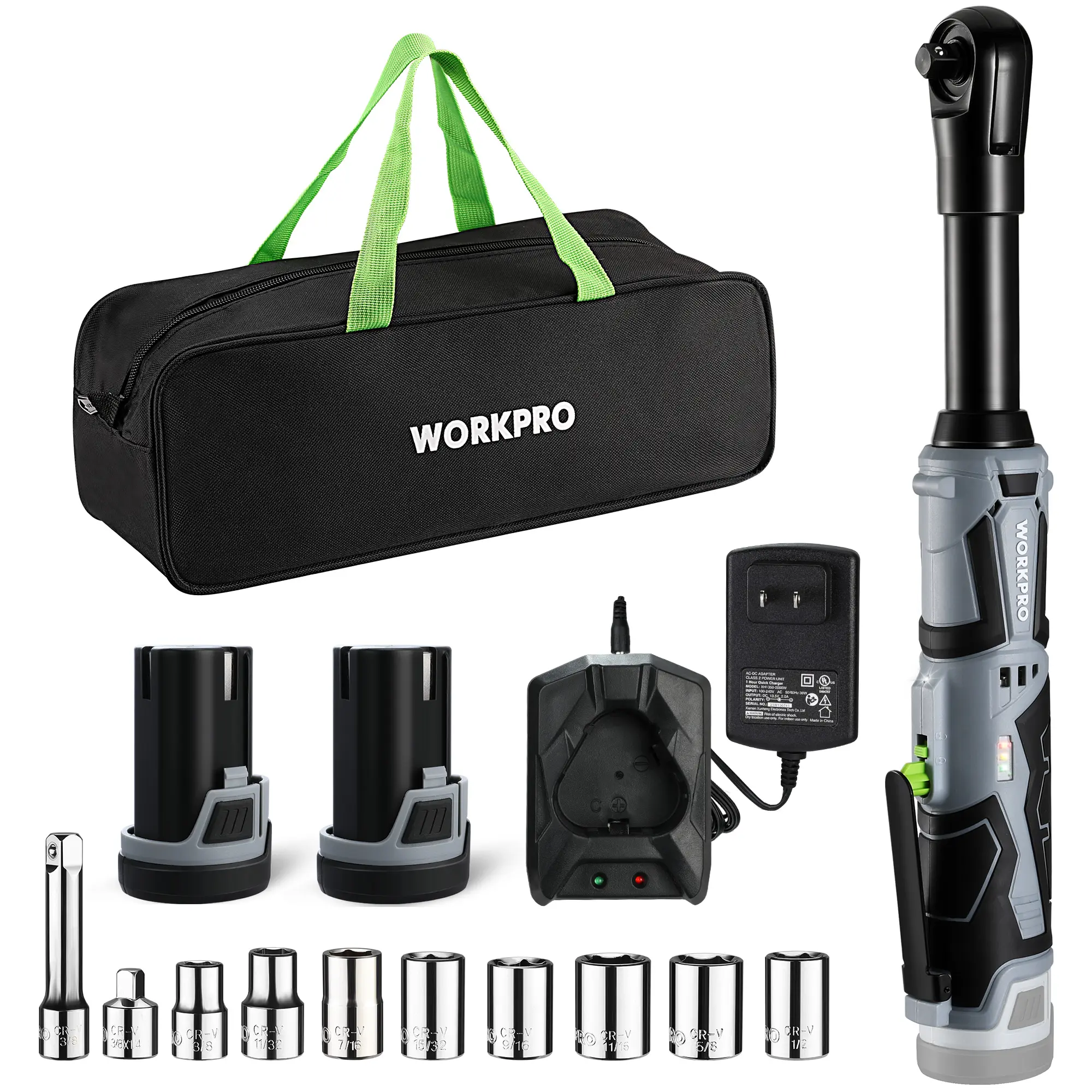 #BacktoSchool WORKPRO 12V 40 Ft-lbs Power Ratchet Wrench Kit with 10-Piece Socket Accessory Set, 1-Hour Fast Charger, 2.0Ah Lithium-Ion Batteries