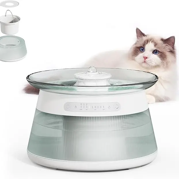 GOYJOY USB Rechargeable Smart Cat Fountain - Automatic Water Bowl, Cordless Filterless Food-Grade Glass, 4000mAh Battery, 60 Days Use, Clean-Dirty Separation, Infrared Sensor, Continuous Mode for Indoor Cats
