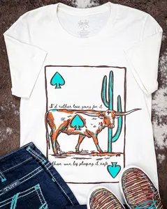 Women's Short-Sleeve Crewneck Rayon Tee, Cream High Stakes Steer Graphic, Soft Drape Design