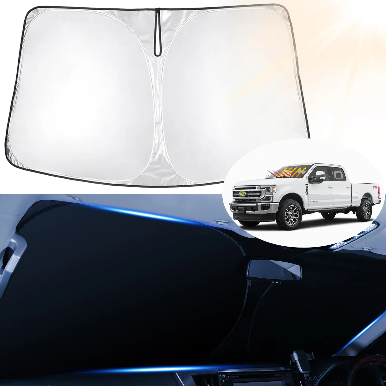 Canvcle Custom Fit Car Sun Visor for 2017-2026 Ford Super Duty F250 F350 F450 F550 - Foldable Blackout Sunscreen Sunshade Cover, 240T Reflective Fabric, 99% UV-Blocking Front Window Collapsible Sunshade