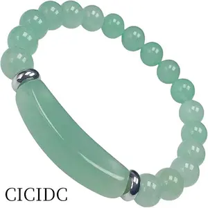Beads Stretch Bracelet Handmade Natural Jade Beaded Bangle with Elegant Green Beads and Silver Accents