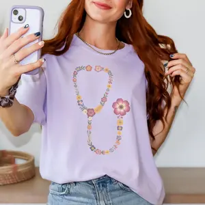 Comfort colors Floral Stethoscope Nurse Graphic T-shirt Botanical Wildflower Nursing Top Nurse Graduation Gift Tee Rn Appreciation Tshirt Medical School Tee CF Floral Plastic Surgery Nurse YFloraPlast