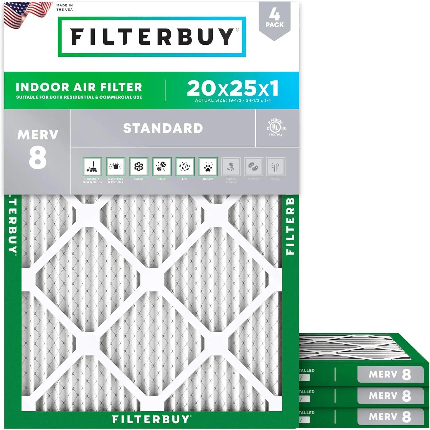 Filterbuy 20x25x1 Air Filter (4-Pack), Pleated MERV 8 Dust Defense HVAC AC Furnace Air Filters (Actual Size: 19.50 x 24.50 x 0.75 Inches)