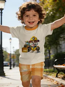 Boys' engineering vehicle style digital printed infant and toddler short-sleeve set, baby casual children's clothing, T-shirt Tops suitable for daily and outdoor sports, 100% polyester, as a gift