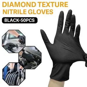 50 pcs, black diamond-patterned nitrile gloves, thickened disposable gloves, non-slip texture, latex-free, powder-free, suitable for car repair, kitchen, bathroom, household cleaning and outdoor cleaning scenarios, Durable Cleaning Gloves