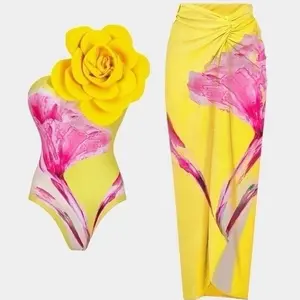 The Golden Flower Swimsuit - Yellow Floral Design One-Piece with Matching Skirt Set