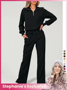 Pure Color Half-Zip Shoulder Pad Sporty Top Long Pants Set, Casual Loose-Fitting Short Upper Long Lower, Perfect for Spring Summer