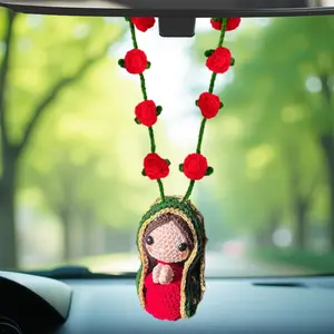 Handmade Crochet Car Rearview Mirror Hanging Ornament, Cute Mary Statue Car Interior Decoration, Car Rearview Mirror Pendant, Car Accessories