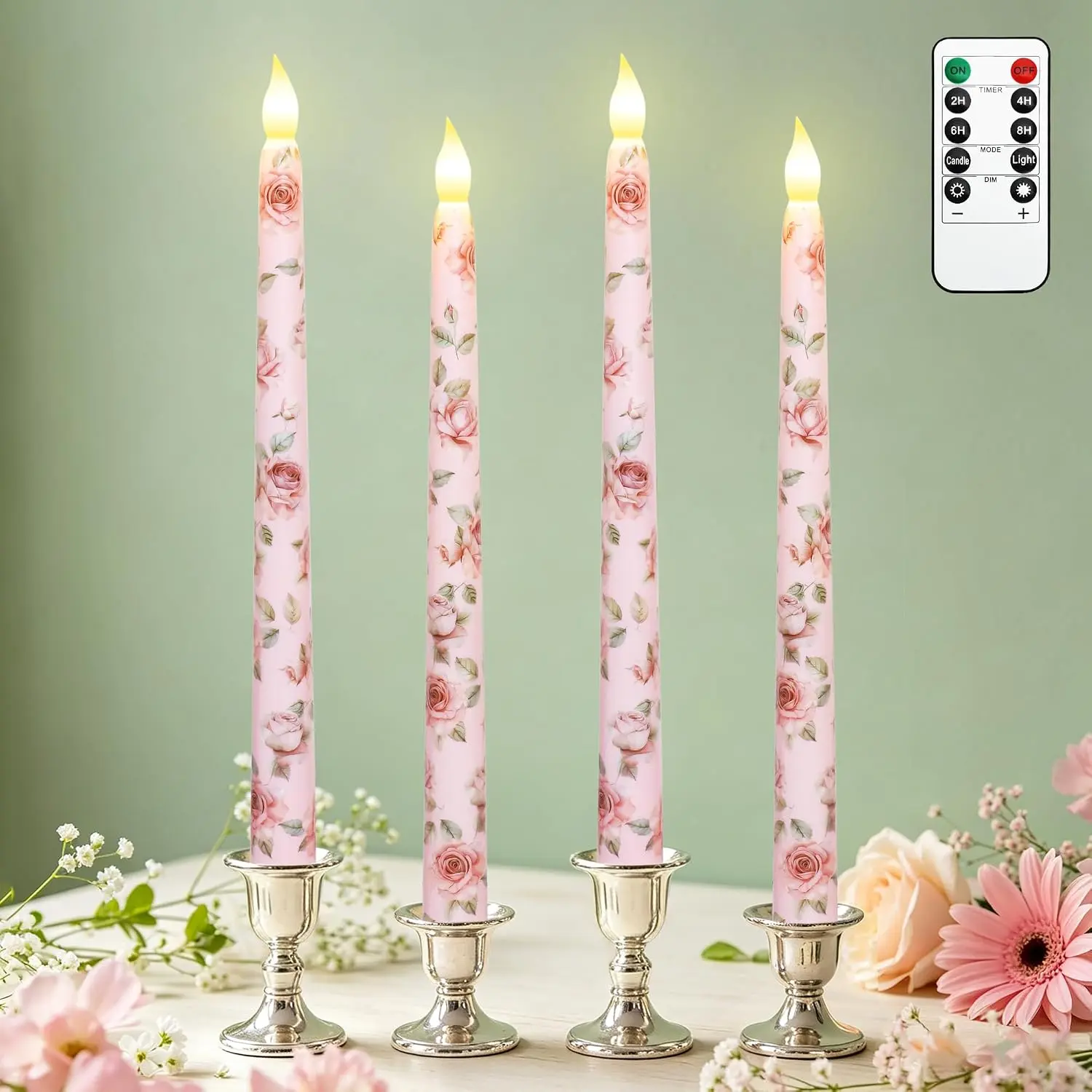 Impress Life Set of 4 Tapered Flameless Candles with Remote Control, Battery-Operated Real Wax Candlesticks with Flickering Wick for Table Decor, Wedding Party & Valentine's Day Gifts