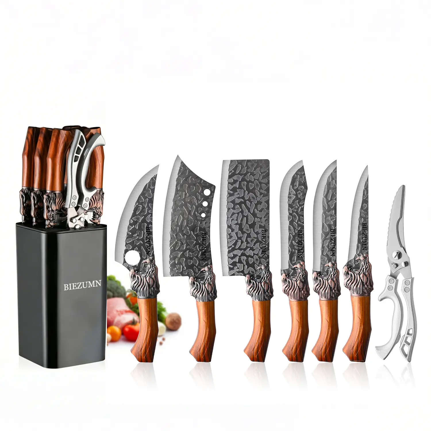 7PCS Professional Butcher & Kitchen Knife Set - Hammered Pattern Blades, Dragon Accent Handles, All-in-1 Cutlery with Scissors for Meat Prep, BBQ