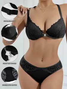 1 set Lace patchwork underwear panty set with underwire front button bra Gathering top support Non-removable integrated coaster Everyday casual date wear Comfortable, soft and breathable High quality women's lingerie bra set Underwear Sets