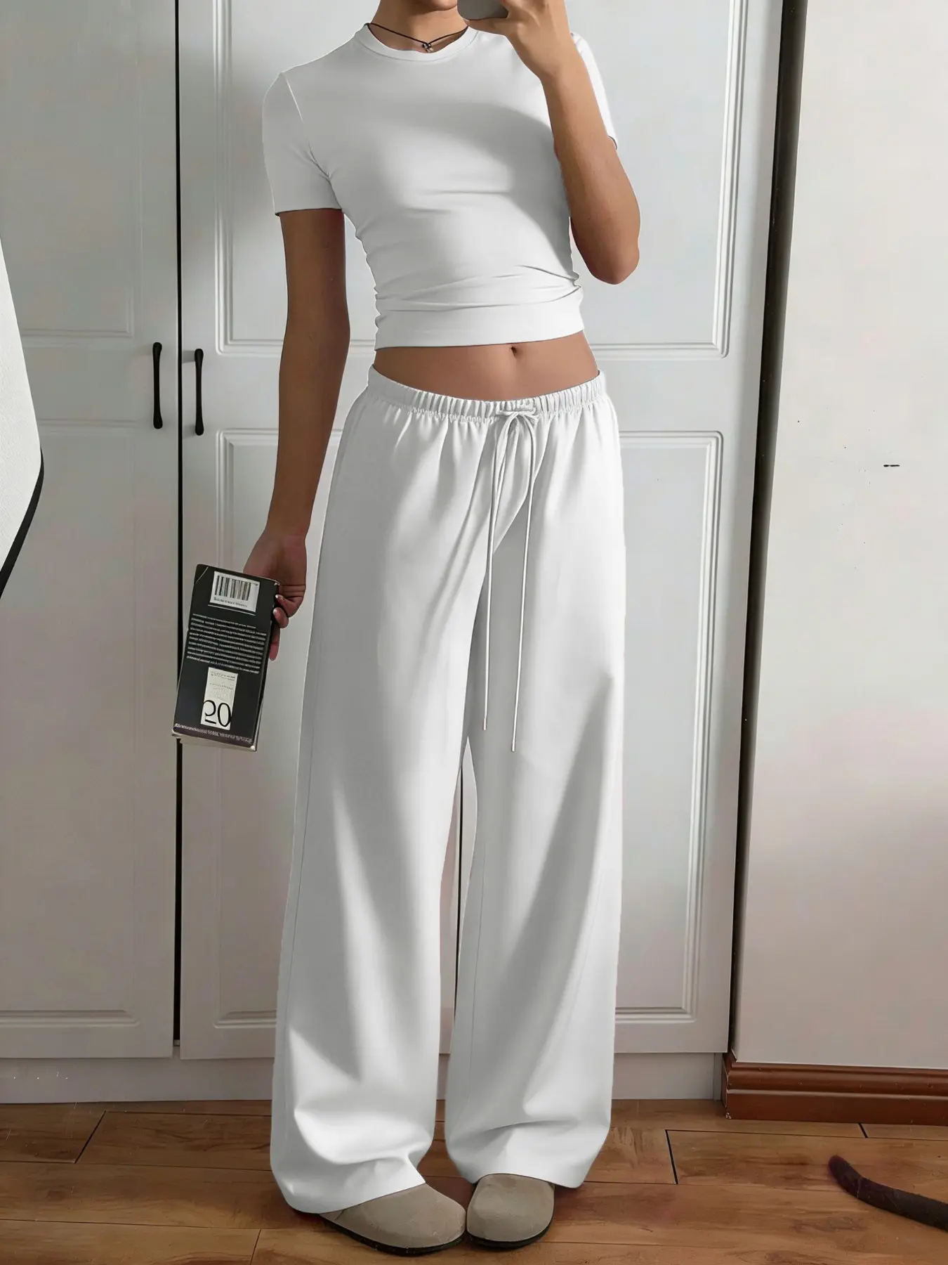 2-Piece American Style Solid Wide-Leg Pants Set, Women Clothes, Lounge Matching Set, Casual Outfit Set, Casual Retro Minimalist Design, Drawstring Elastic Adjustable Waist, Suitable for Home and Outdoors