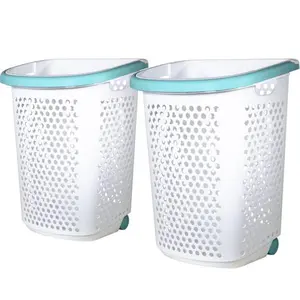 Home Logic 2 Bushel Rolling Plastic Laundry Hamper with Pop-up Handle, White, 2 Pack