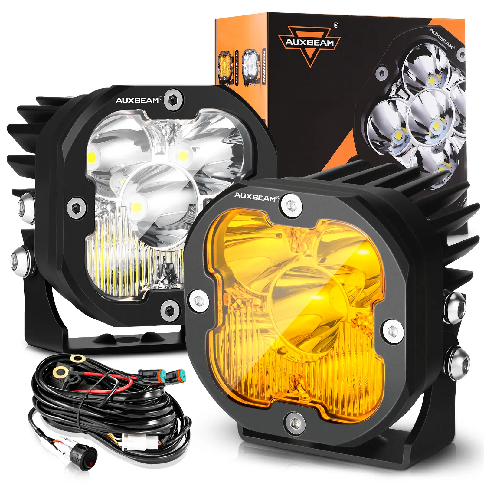 Auxbeam X-PRO Series 3-Inch 80W 9600LM LED Pods - White & Amber Spod Flood Combo Beam LED Work Light, Driving Light for Offroad Trucks, SUVs, 4x4s | Father's Day Gift, Driving Lights