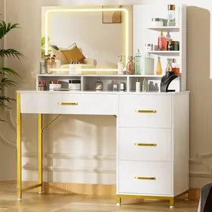 COMHOMA Vanity Desk with Mirror and Lights Makeup Vanity Table with 4 Drawers & Storage Shelves Large HD Mirror 3 Color Modes & Adjustable Brightness Modern Dressing Table for Bedroom Pearl White