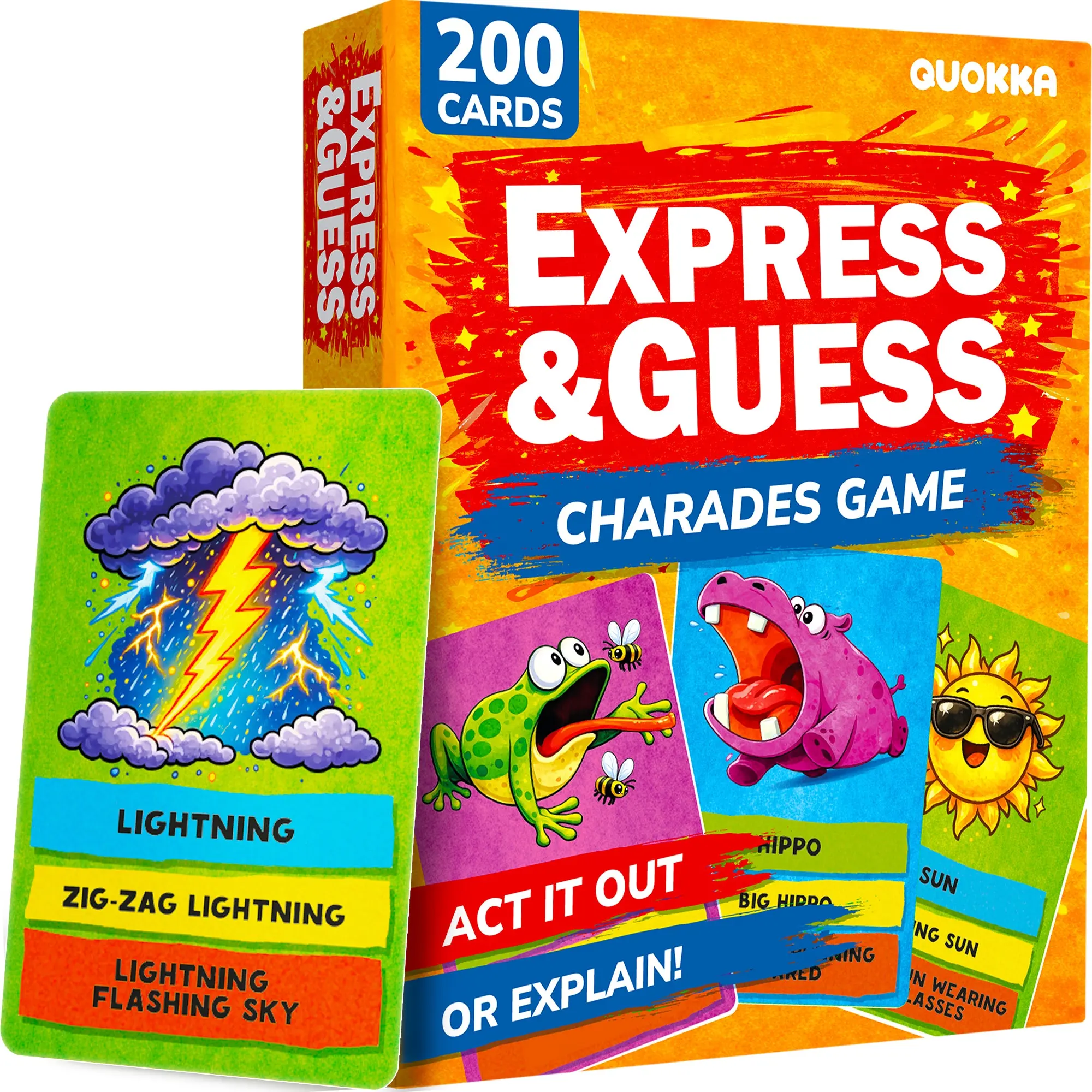 QUOKKA Express & Guess Charades for Kids Ages 6+ 200 Acting & Explaining Cards with Timer, Chaos Die – Fun Family Party Game for Game Night & Travel