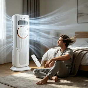 All Season Space Heater & Tower Fan Combo with Remote Control, 3 Fan Speeds & 2 Adjustable Heat Settings, Bladeless Warm Cool Dual Air Device for Bedroom Living Room Office Indoor Use, Up to 28ft/s Airflow