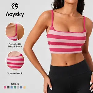 Aoysky Women's Ribbed Padded Striped Square Neck Spaghetti Strap Sports Bra - Low-Impact Gym, Yoga Athleisure Bralette, Women's Tops, Bras for Everyday Wear