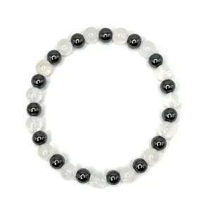 Moonstone & Hematite Beaded Stretch Bracelet – 6mm Beads | Natural Gemstone Energy Bracelet for Emotional Balance & Protection | Handcrafted for Everyday Wear