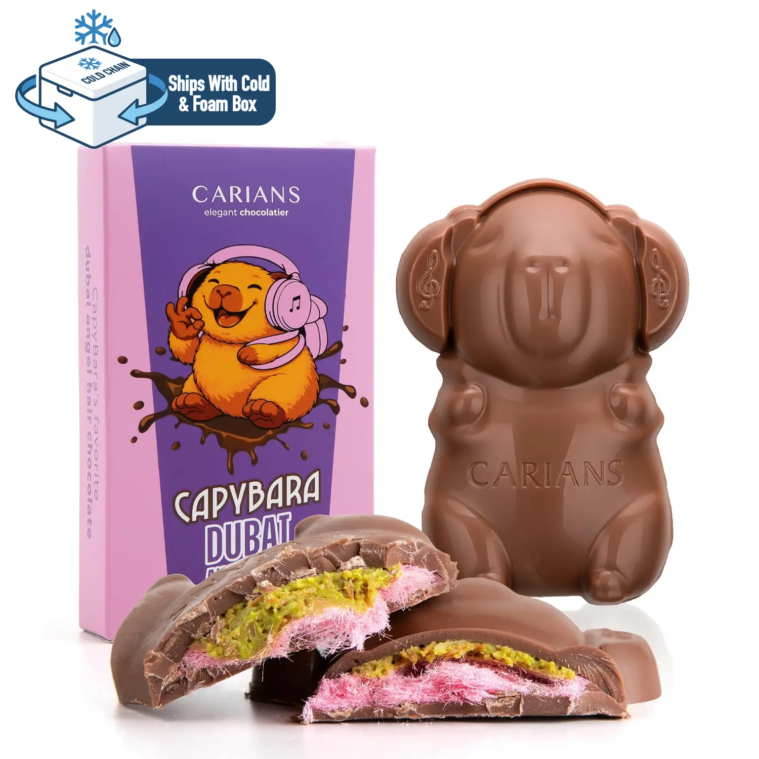 CARIANS Valentine's Day Capybara Angel Hair Chocolate Bar,Viral Crispy & Creamy Dubai Style Treat, Smooth Milk Chocolate with Crunchy Texture, Elegant Valentine’s Day Gift for Her and Great Present for Lovers, 2.65 oz