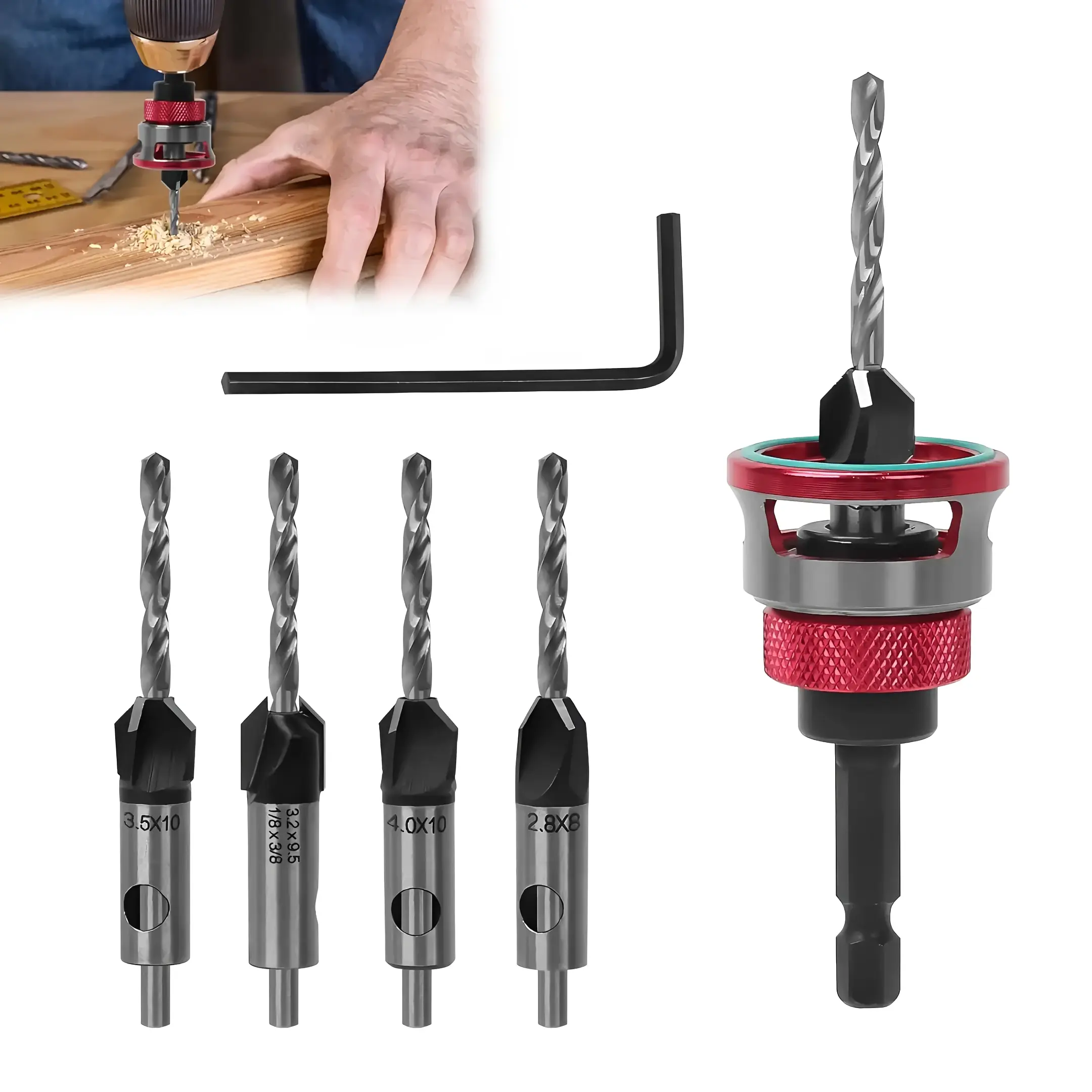 4-Blade Countersink Drill Bit Set,4PCS HCS (High Carbon Steel),with Adjustable Depth Stop, L-Shape Wrench, Work Tools for Precision Drilling,Suitable for Wood and Plastic,Tool Included for Drilling in Wood and Plastic