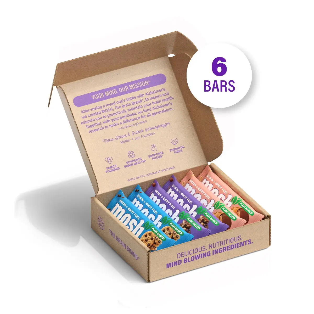 MOSH Plant-Based High Protein Bar Trial Pack - 6 Hazelnut Chocolate Chip Snacks, Gluten-Free, Keto-Friendly, Lower Sugar, High Fiber, 6+ Brain Nutrients (Including Cognizin), Mission-Focused, Gives Back, Guilt-Free Treat