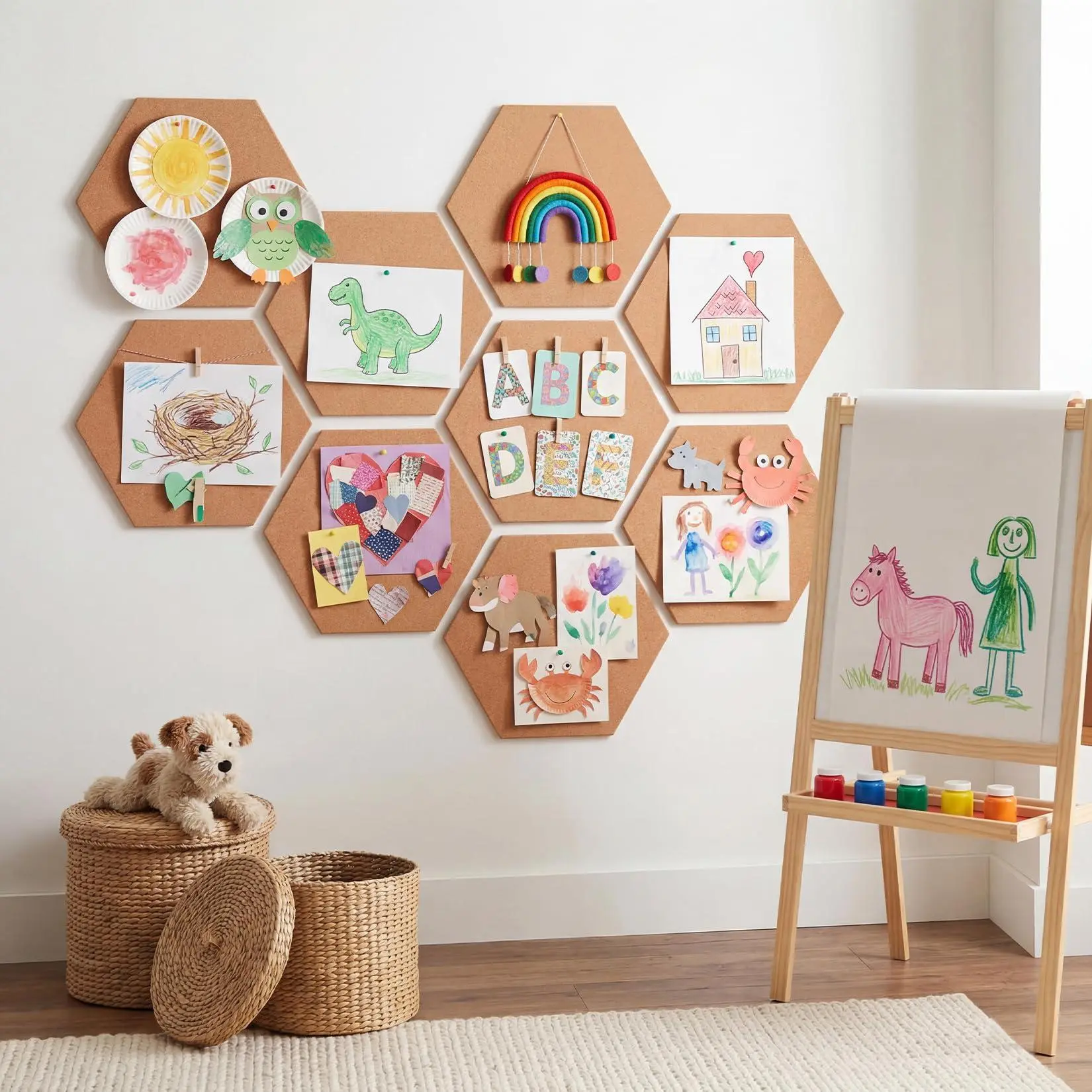Self-Adhesive Cork Bulletin Board Tiles Set | 8-Pack Hexagon Panels, Oak Veneer Surface for Notes, Photos, Office, School Display Brown, 12x12x0.5in, Shape: Hexagon