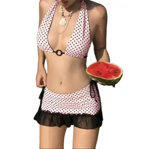 Halter Neck Polka Dot Halter Bikini Set with Ruffled Mesh Skirt Bottom Back Tie Detail & O-Ring Accent Women's 2026 Summer Sexy Elegant Glamorous Alluring Chic Slim-Fit Swimwear summerwins