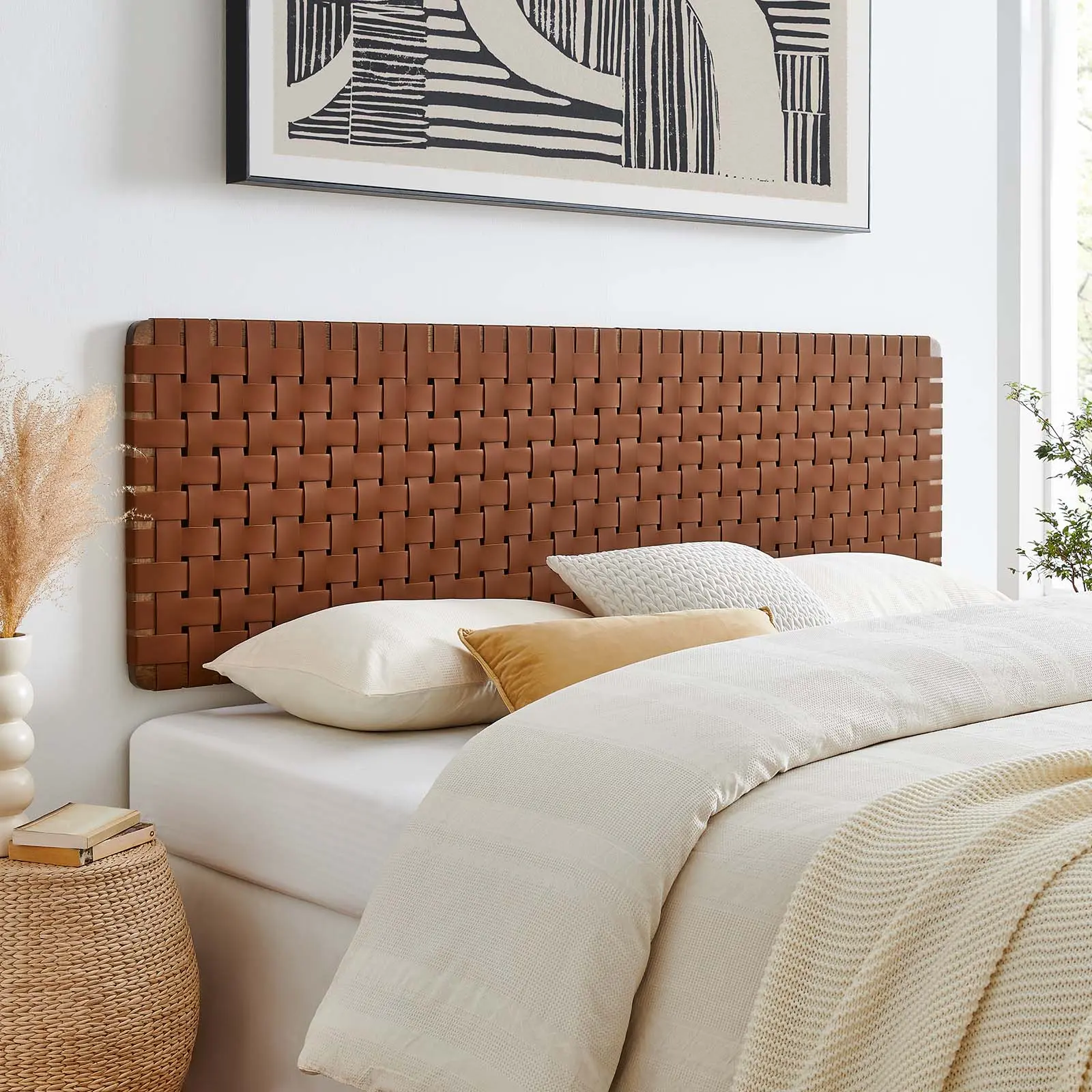 Modway Sparta Weave Wall-Mount King Adjustable Faux Leather Headboard, Walnut Brown - Indoor Furniture Headboard for Bed Frames, Adjustable Headboards, Faux Leather Headboards