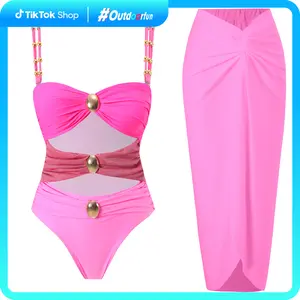 Women’s Metal Design 2 Piece Cut Out Color Block Sexy Swimsuit With Cover Up Skirt Outdoorfun