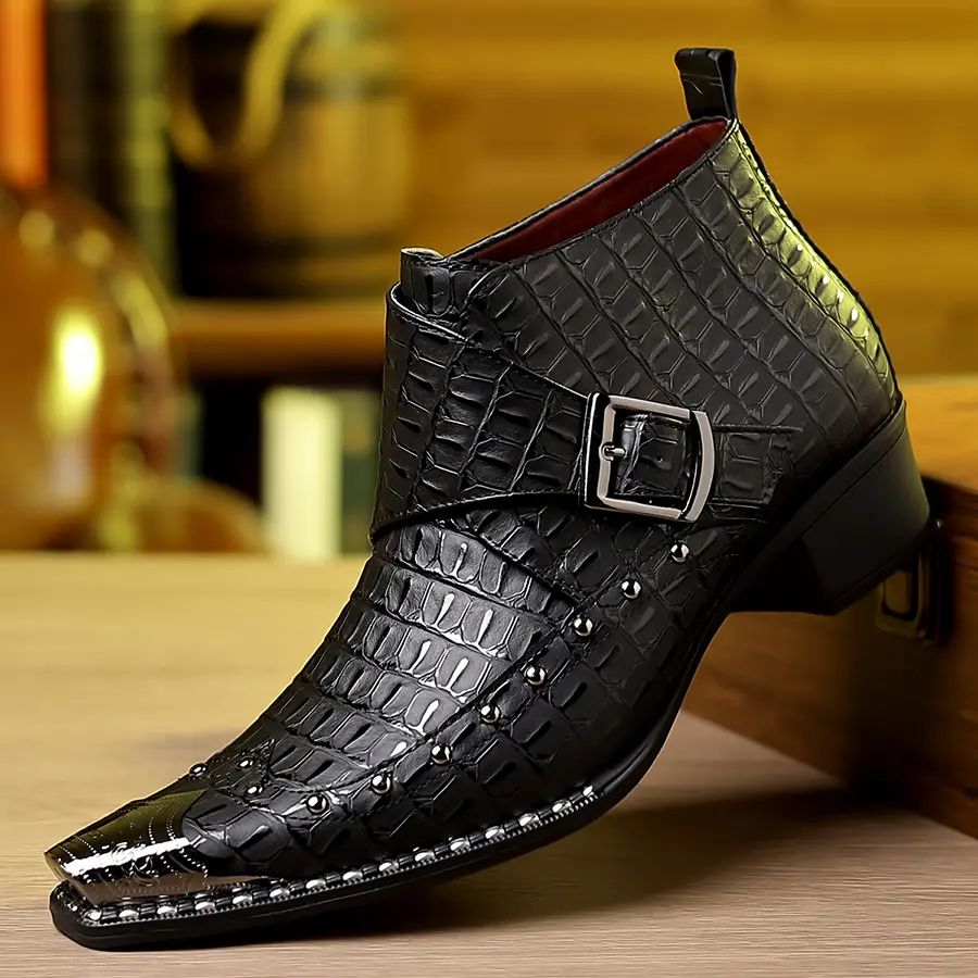Men's Crocodile-Textured Ankle Boots - Men's Shoes, Round Toe, Plain, Classical, Ankle Height, Buckle Closure, Studs, Black